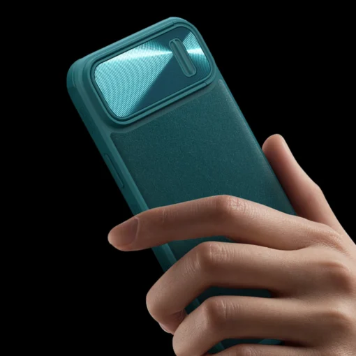 iPhone 14 umbris silikoonist ja kunstnahast tagusega Nillkin CamShield Leather S kaamerakaitsega roheline 9