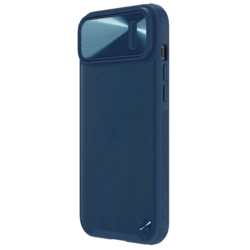 iPhone 14 umbris silikoonist ja kunstnahast tagusega Nillkin CamShield Leather S kaamerakaitsega sinine 2
