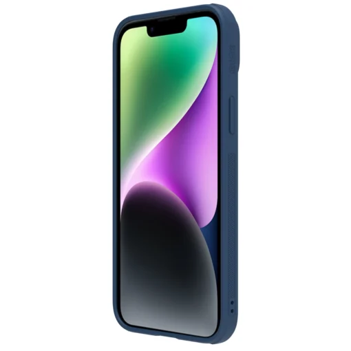 iPhone 14 umbris silikoonist ja kunstnahast tagusega Nillkin CamShield Leather S kaamerakaitsega sinine 5