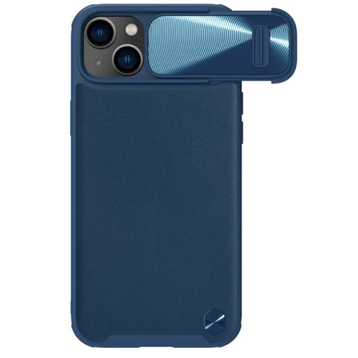 iPhone 14 umbris silikoonist ja kunstnahast tagusega Nillkin CamShield Leather S kaamerakaitsega sinine