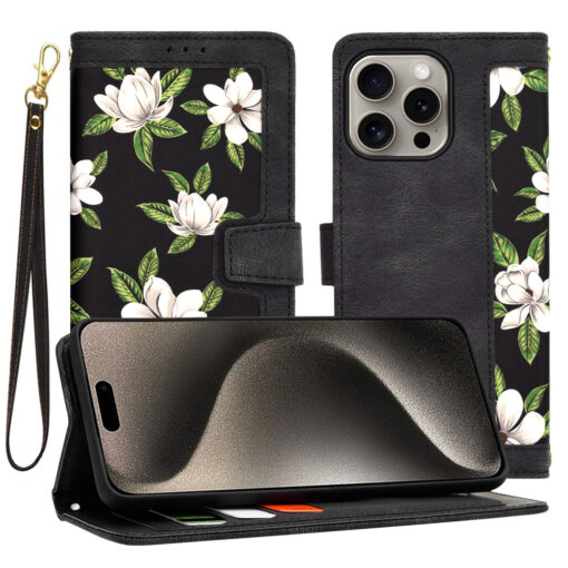 iPhone 15 Pro Max kaaned kunstnahast FlipCraft Flowers of the Dawn