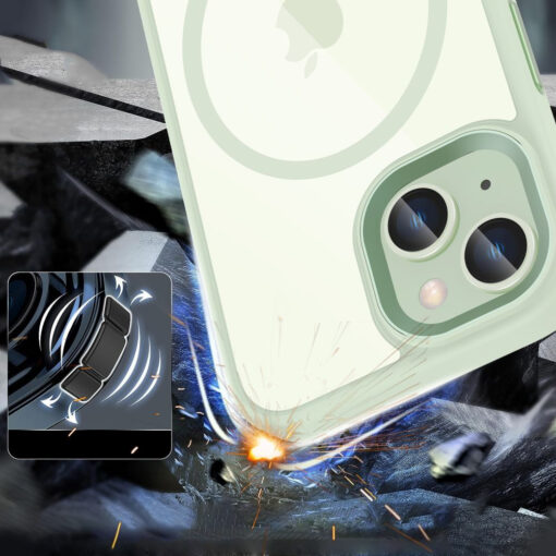 iPhone 15 umbris silikoonist servade ja plastikust tagusega MagMat MagSafe rohelinelabipaistev 1