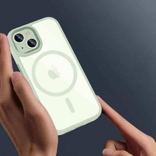 iPhone 15 umbris silikoonist servade ja plastikust tagusega MagMat MagSafe rohelinelabipaistev 2