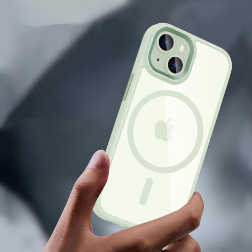 iPhone 15 umbris silikoonist servade ja plastikust tagusega MagMat MagSafe rohelinelabipaistev 3