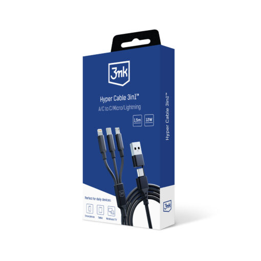 Juhe 3in1 USB AUSB C – USB CMicroLightning 1.5m must – Universaalne laadimisjuhe – 3mk Hyper 10