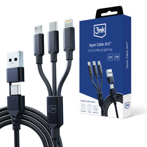 Juhe 3in1 USB AUSB C – USB CMicroLightning 1.5m must – Universaalne laadimisjuhe – 3mk Hyper