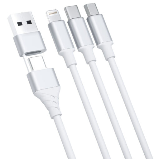 Juhe 3in1 USB AUSB C – USB CMicroLightning 1.5m valge – Universaalne laadimisjuhe – 3mk Hyper 1