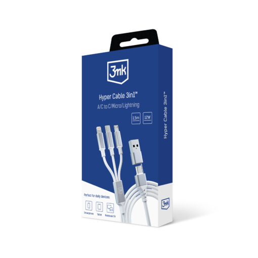 Juhe 3in1 USB AUSB C – USB CMicroLightning 1.5m valge – Universaalne laadimisjuhe – 3mk Hyper 10