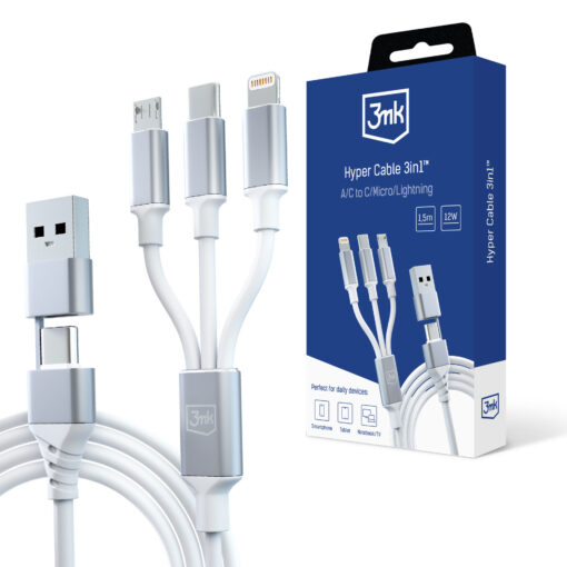 Juhe 3in1 USB AUSB C – USB CMicroLightning 1.5m valge – Universaalne laadimisjuhe – 3mk Hyper