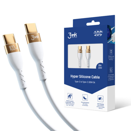 Silikoonist juhe USB C – USB C 2m 100W valge – Silikoonist laadimisjuhe – 3mk Hyper Silicone