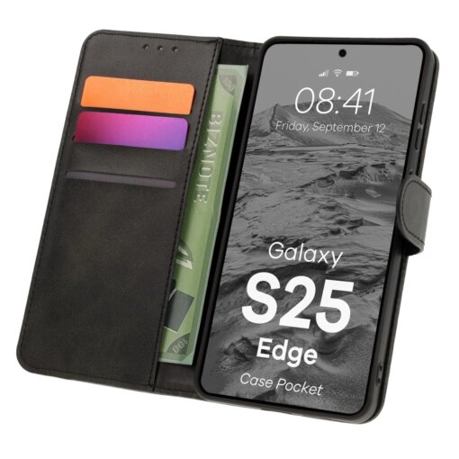 Samsung S25 EDGE kaaned Bizon Case Pocket kunstnahast kaarditaskutega must