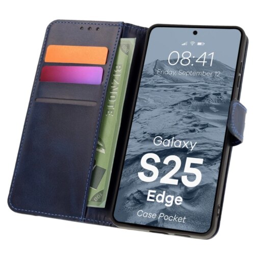 Samsung S25 EDGE kaaned Bizon Case Pocket kunstnahast kaarditaskutega sinine