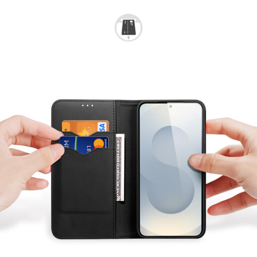 Samsung S25 EDGE nahast raamatkaaned kaarditaskuga Dux Ducis Hivo RFID must 1