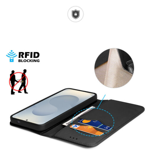 Samsung S25 EDGE nahast raamatkaaned kaarditaskuga Dux Ducis Hivo RFID must 3