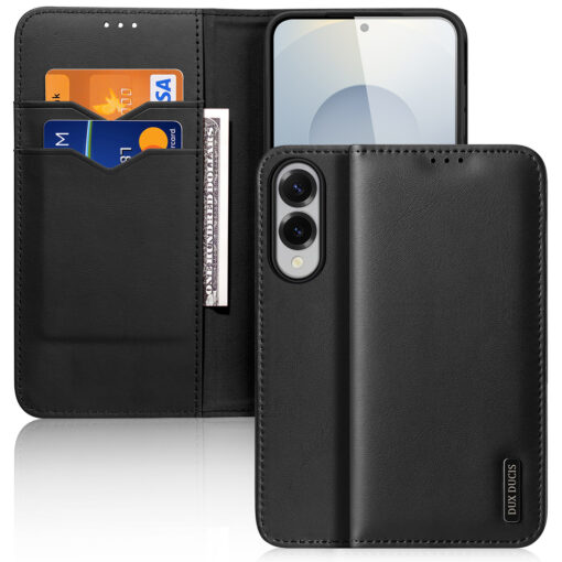 Samsung S25 EDGE nahast raamatkaaned kaarditaskuga Dux Ducis Hivo RFID must