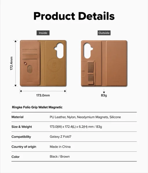 Samsung Z Fold 7 nahast kaaned Ringke Folio Grip Wallet MagSafe pruun 8