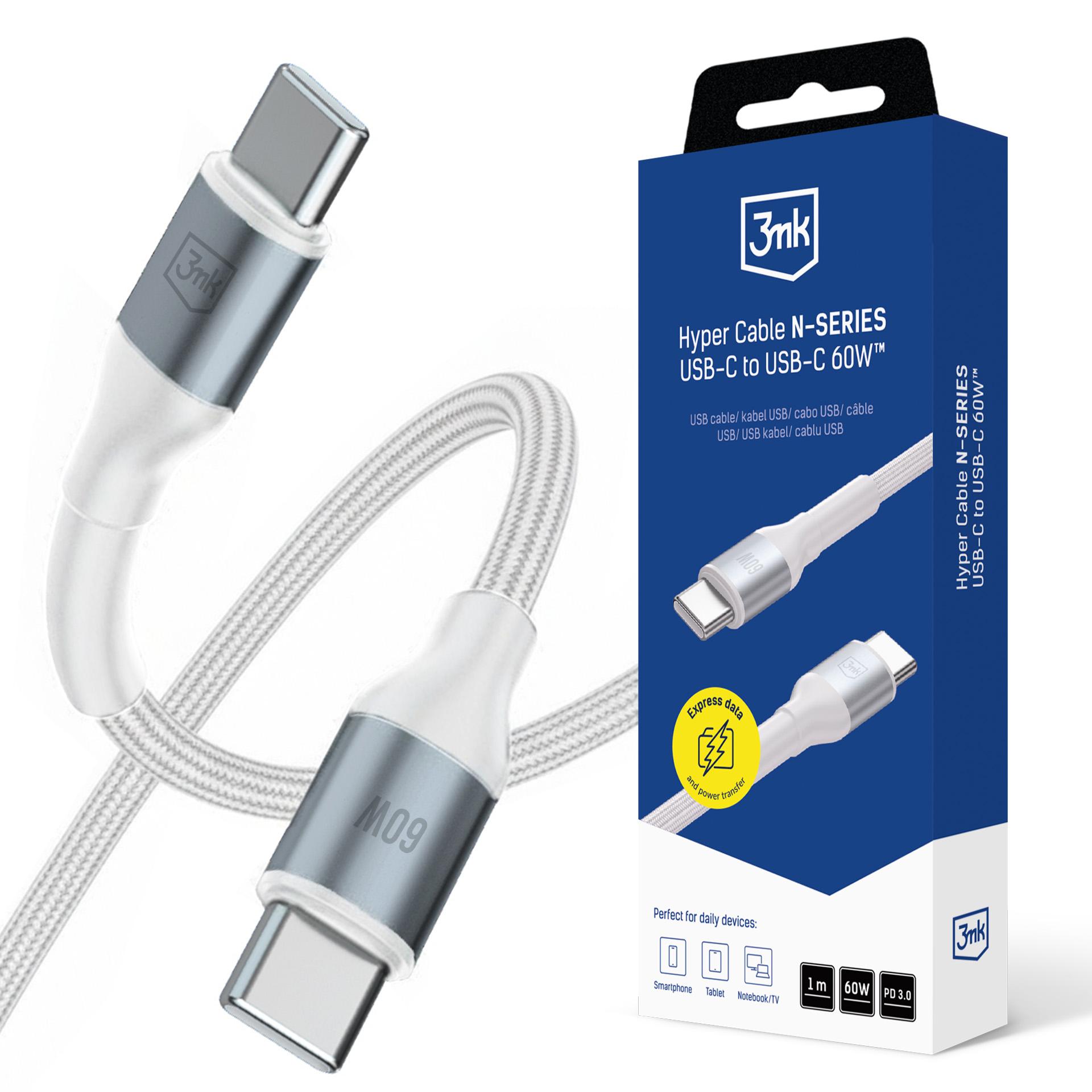 3mk-USB-C-to-C-laadimiskaabel-N-SERIES-1m-20V3A-60W-Valge 3mk USB C to C laadimiskaabel N SERIES 1m 20V3A 60W Valge