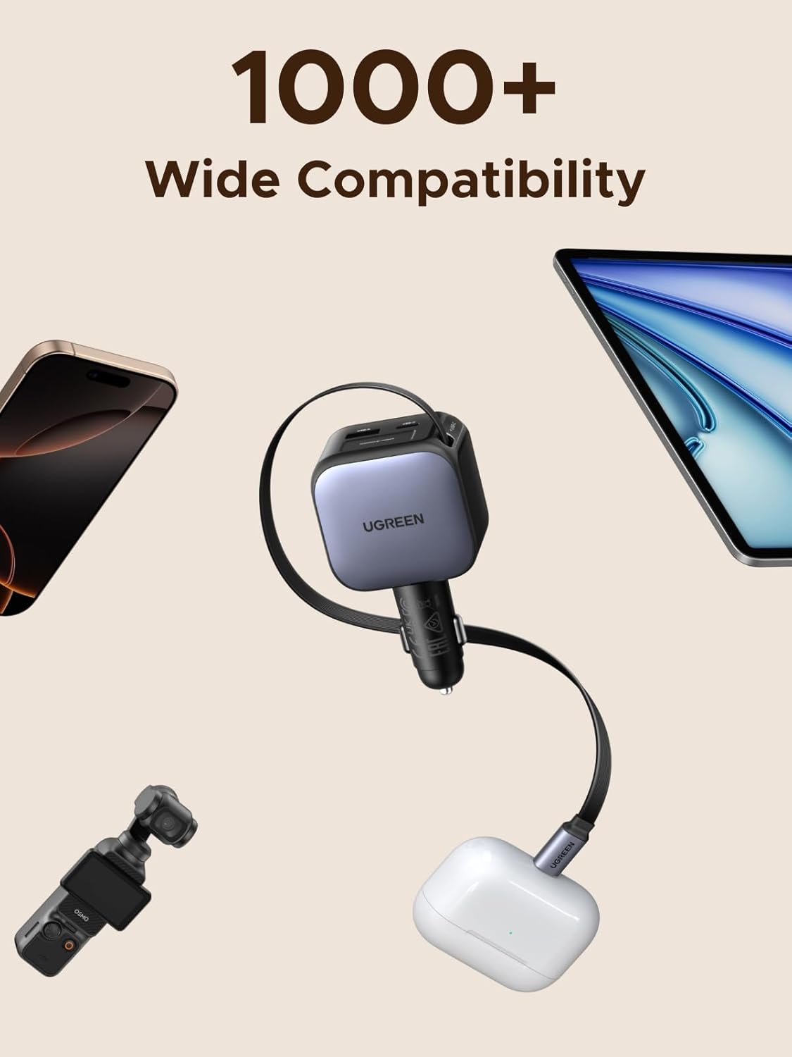 Autolaadija UGREEN 60W, 3A, USB-AUSB-C USB-C tõmmatava juhtmega (3) Autolaadija UGREEN 60W 3A USB AUSB C USB C tommatava juhtmega 3