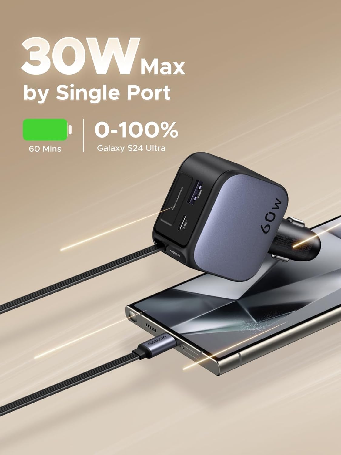 Autolaadija UGREEN 60W, 3A, USB-AUSB-C USB-C tõmmatava juhtmega (7) Autolaadija UGREEN 60W 3A USB AUSB C USB C tommatava juhtmega 7