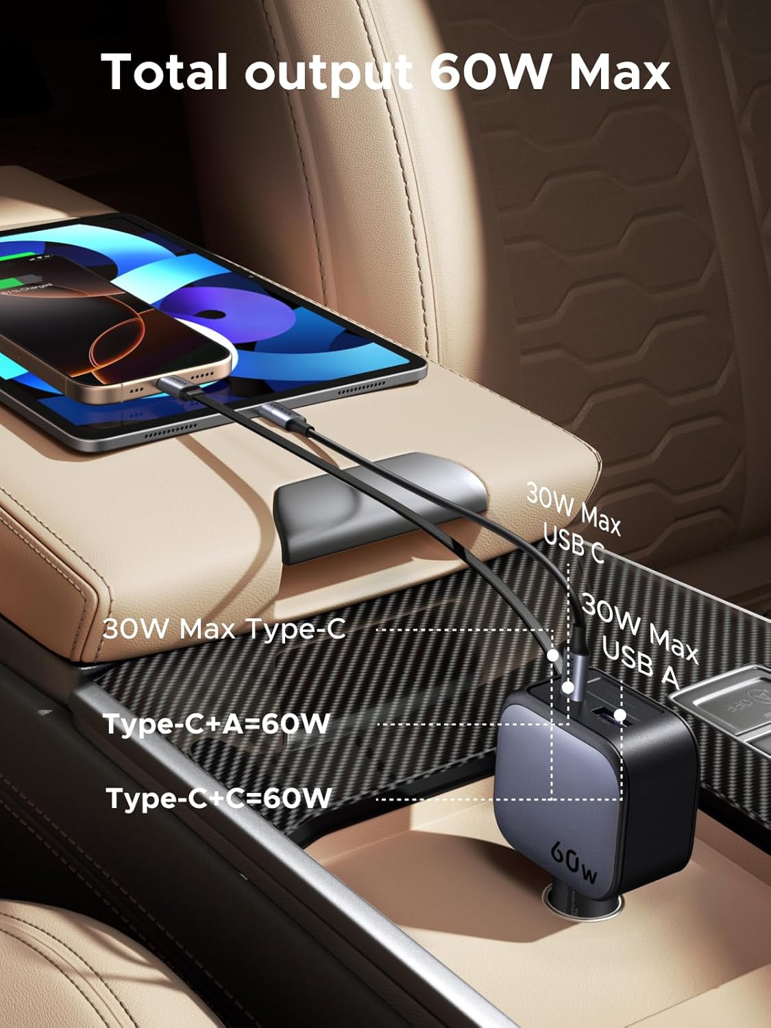 Autolaadija UGREEN 60W, 3A, USB-AUSB-C USB-C tõmmatava juhtmega (8) Autolaadija UGREEN 60W 3A USB AUSB C USB C tommatava juhtmega 8