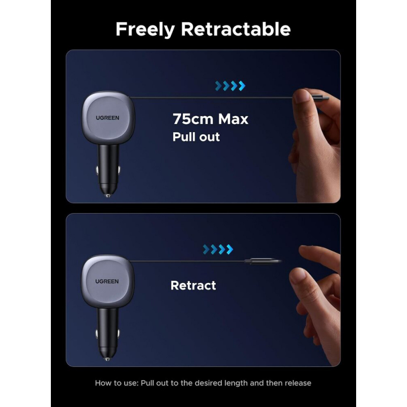 Autolaadija UGREEN 75W, 3.25A, USB-AUSB-C USB-C tõmmatava juhtmega (1) Autolaadija UGREEN 75W 3.25A USB AUSB C USB C tommatava juhtmega 1