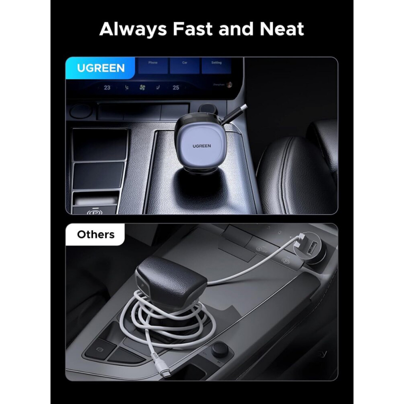 Autolaadija UGREEN 75W, 3.25A, USB-AUSB-C USB-C tõmmatava juhtmega (2) Autolaadija UGREEN 75W 3.25A USB AUSB C USB C tommatava juhtmega 2