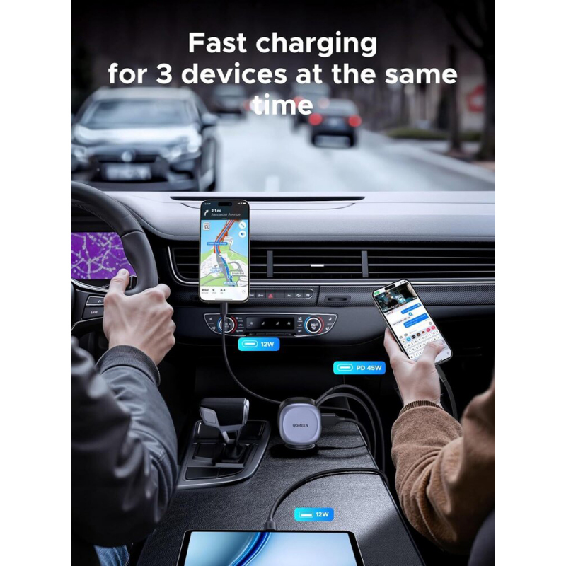 Autolaadija UGREEN 75W, 3.25A, USB-AUSB-C USB-C tõmmatava juhtmega (3) Autolaadija UGREEN 75W 3.25A USB AUSB C USB C tommatava juhtmega 3