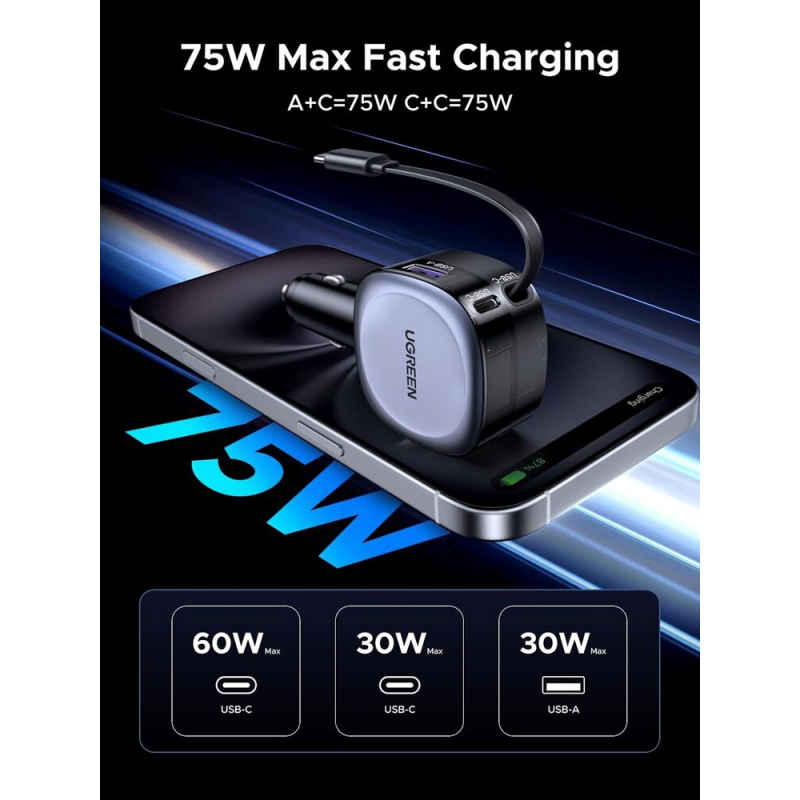 Autolaadija UGREEN 75W, 3.25A, USB-AUSB-C USB-C tõmmatava juhtmega (6) Autolaadija UGREEN 75W 3.25A USB AUSB C USB C tommatava juhtmega 6