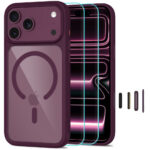 iPhone-18-PRO-17-PRO-umbris-MagOne-MagSafe-CC-silikoonist-servadega-ja-plastikust-tagusega-2-kaitseklaasi-tumekirsipunane-labipaistev